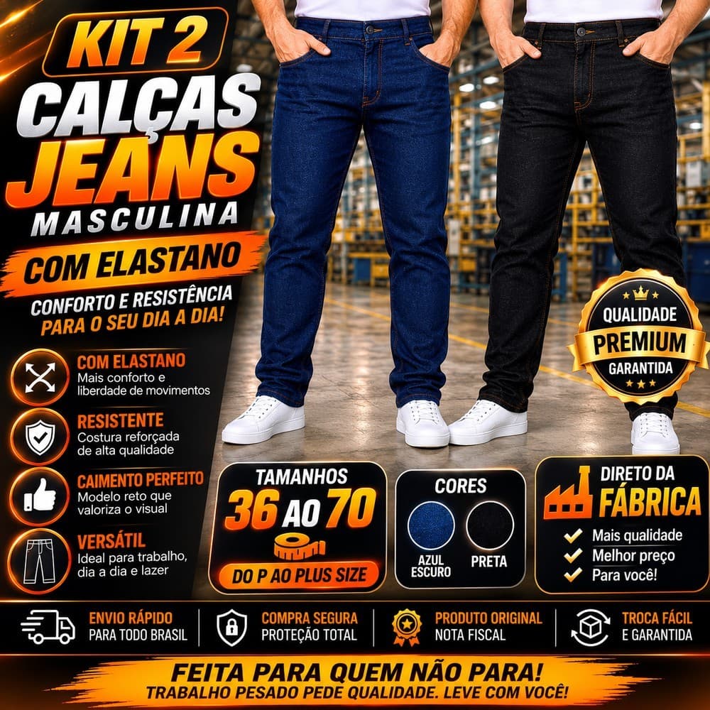 Kit 2 Calças Jeans Masculinas com Elastano Trabalho Costura Reforçada Conforto Plus Size