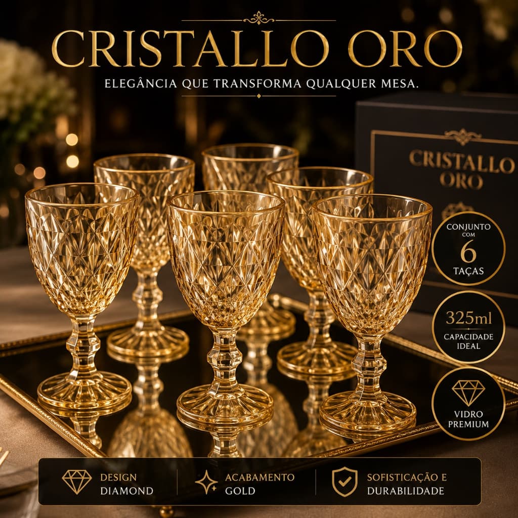 onjunto 6 Taças de Vidro Diamond Gold 325ml para Vinho Espumante Drinks Cristallo Oro