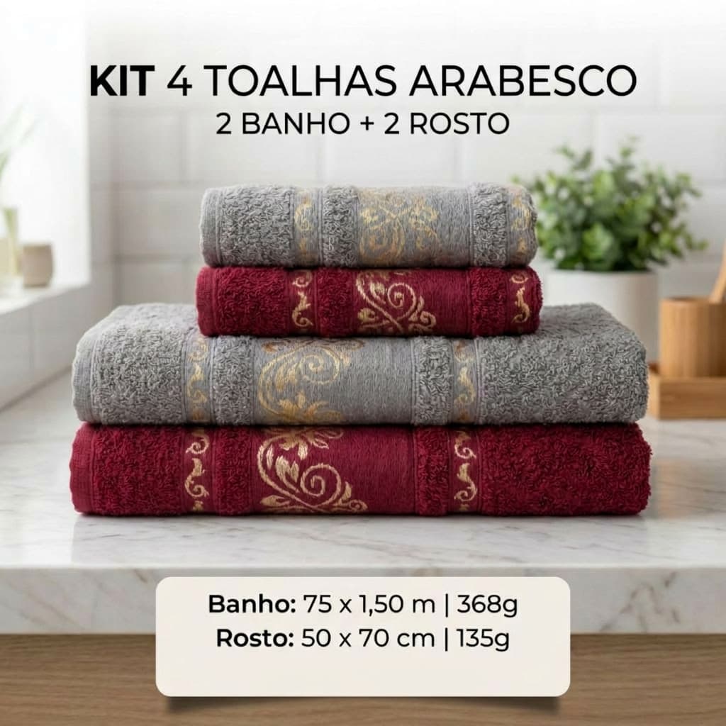 Jogo De 4 Peças Toalha Arabesco Banhão 2 Banho + 2 Rosto 100% Algodão Toque Suave