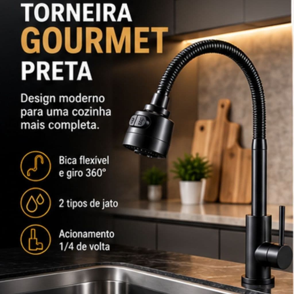 Torneira Metal Gourmet Pia Cozinha Luxo Mesa Bancada Preta