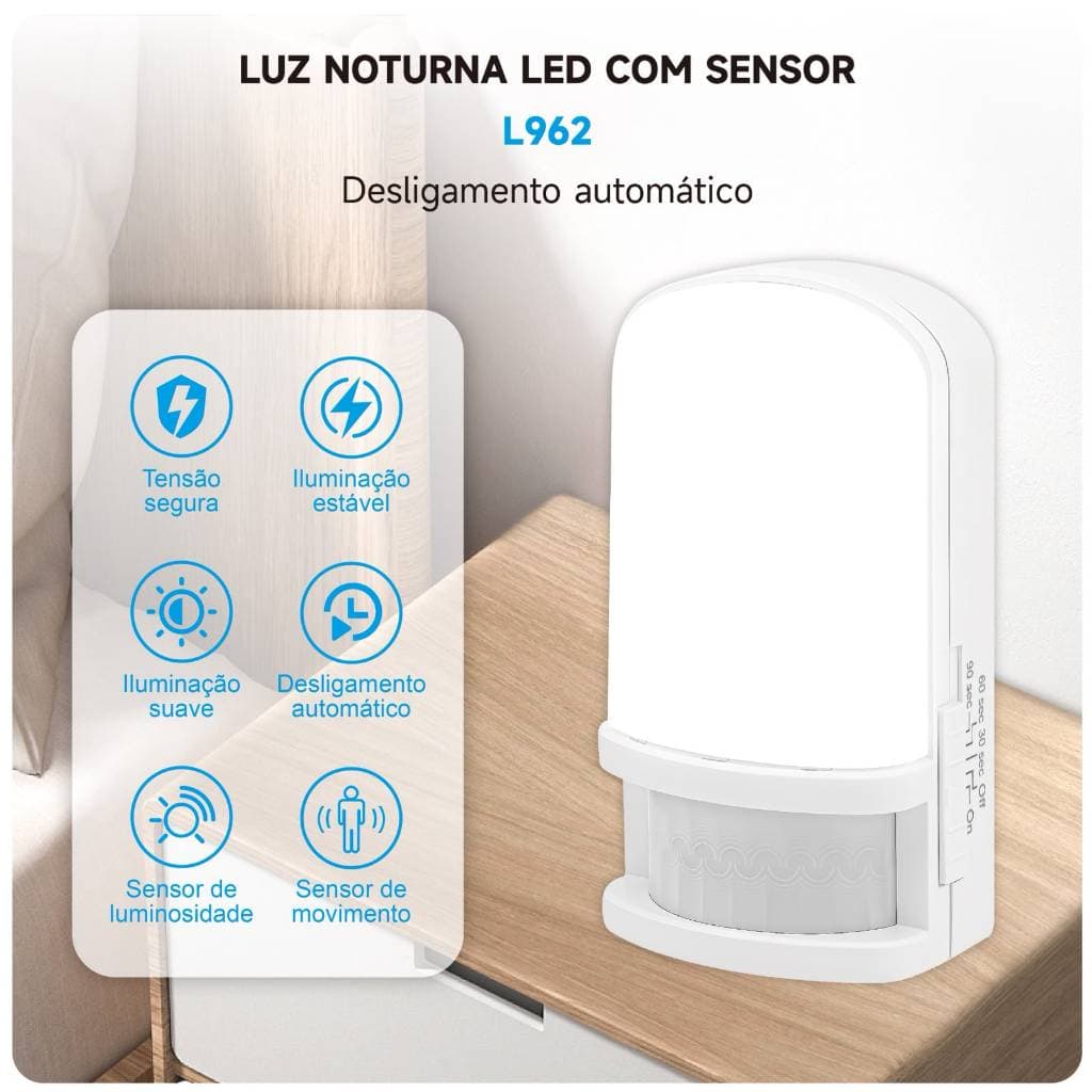 Luz noturna led com sensor LEDs de longa duração com luz branca fria L962