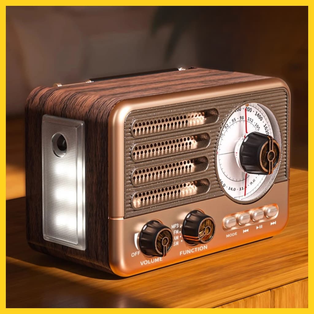 Rádio Retrô Bluetooth Portátil AM/FM/SW com Lanterna USB Aux Cartão TF Marrom Vintage