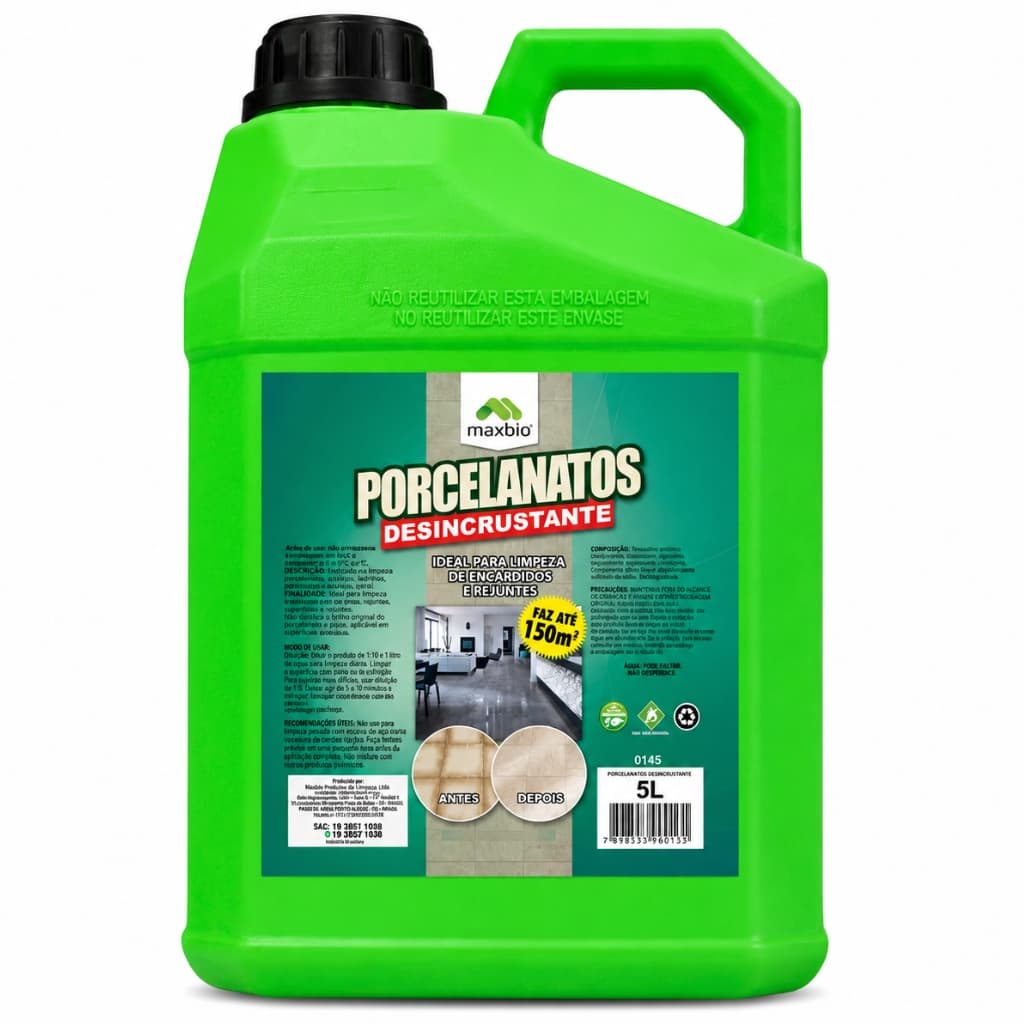 Porcelanato Desincrustante 5L Maxbio Piso Encardido Limpeza Pesada Remoção De Incrustações Produto Concentrado Piso