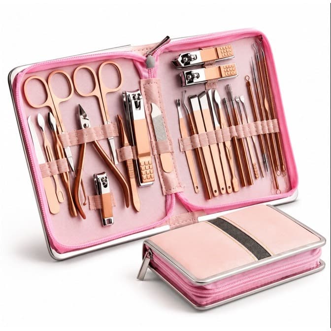 Kit Manicure Pedicure Profissional 26 Peças Estojo Premium Rosa