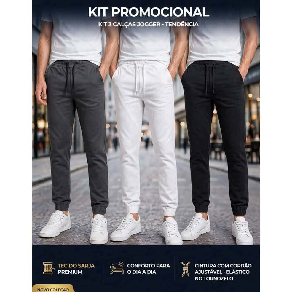 Kit 3 Calças Jogger Masculinas Sarja Premium Estilo Conforto Tendência