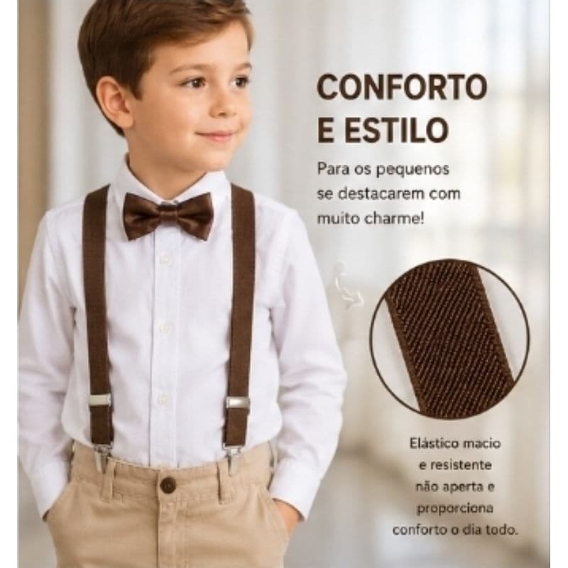 Kit Suspensório Infantil Marrom com Gravata Borboleta Ajustável Pajem Casamento Festa