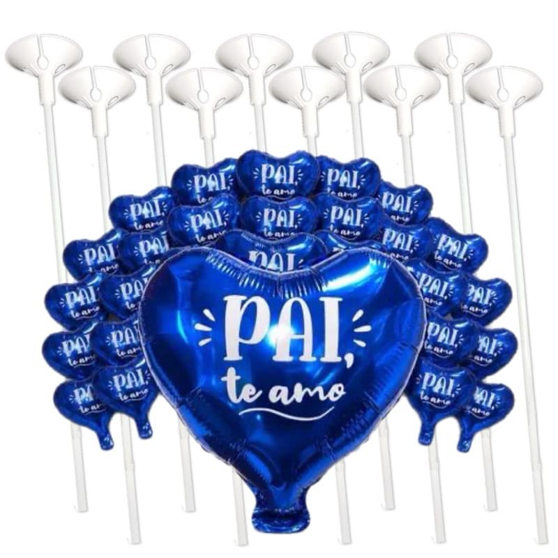 20 Balão Metalizado Coração Pai Te Amo Azul 22cm Centro de Mesa + Varetas
