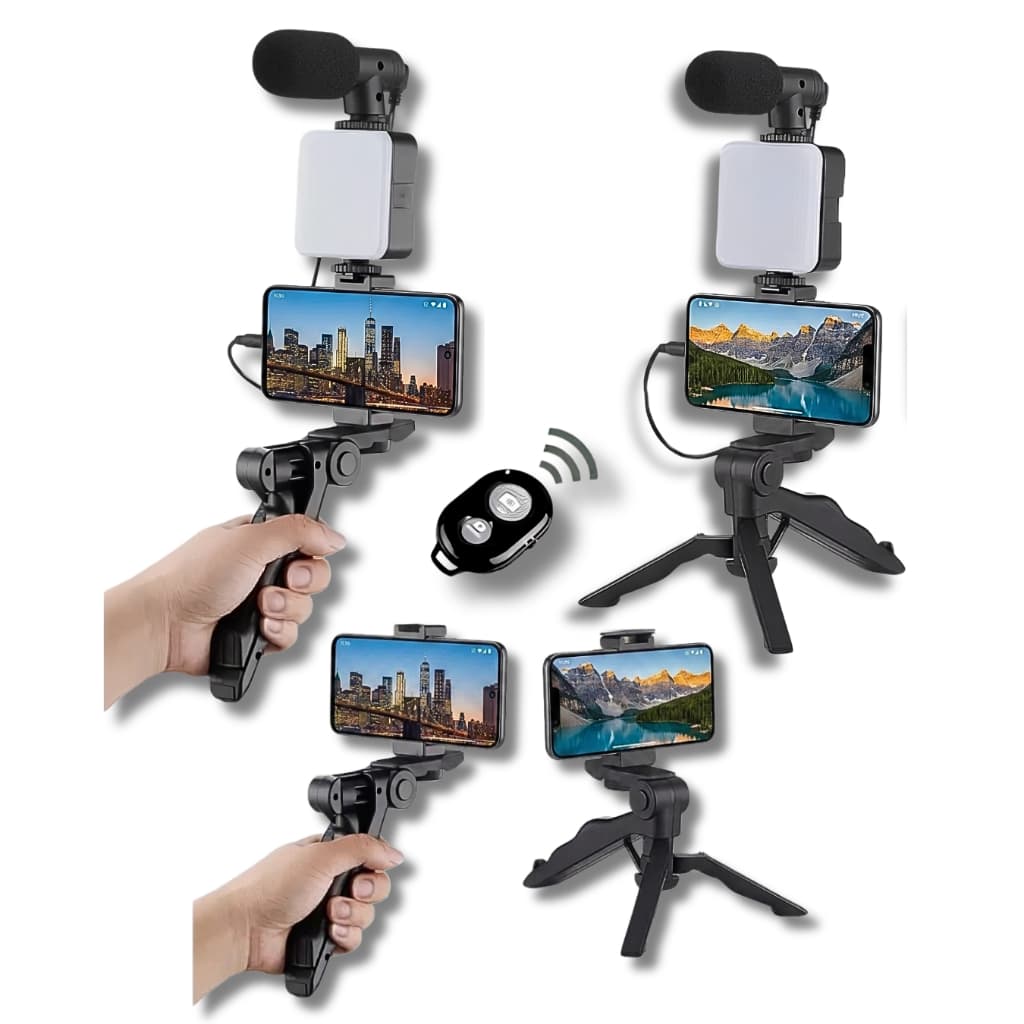 Kit Gravação Vlogger Youtuber Tiktok Profissional Tripé Bastão Estabilizador Microfone Luz LED Controle Para Selfie