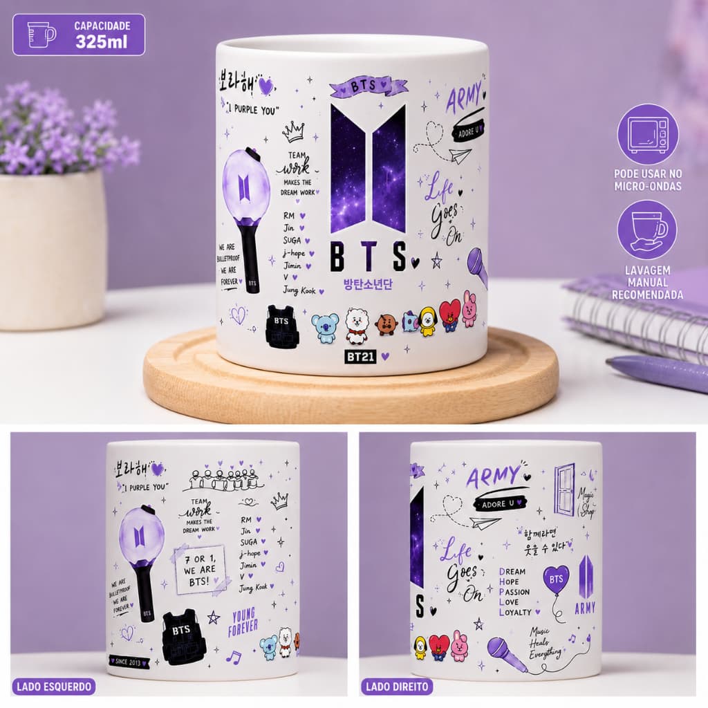 CANECA BTS ARMY BT21 CERAMICA OU VIDRO JATEADO 325ML PRESENTE OU USO PESSOAL