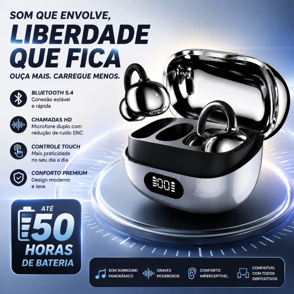 Fones Bluetooth 5.4 Sem Fio com Display LED, 50H Bateria, Som HiFi Estéreo, Microfone ENC, Controle Touch