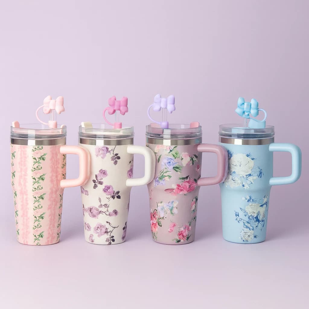 Copo Térmico Inox 600ml Portátil com Canudo, Alça e Estampa Floral – Garrafa Prática para Uso Diário