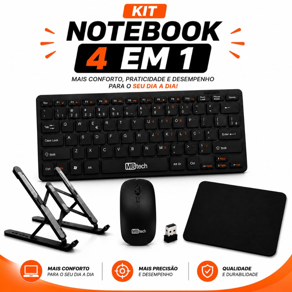 Kit Teclado Sem Fio+Mouse Sem Fio+Suporte Notebook+Mouse Pad