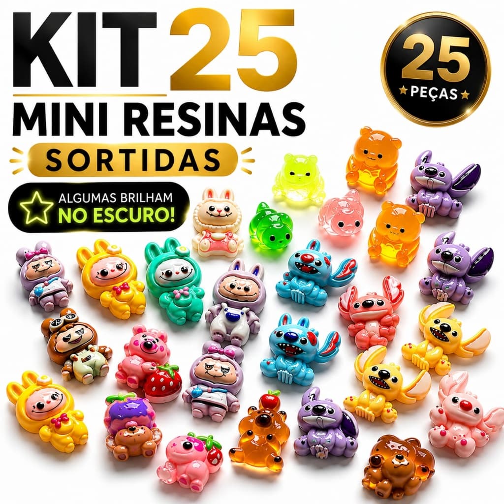 Mini Resinas Luminosas E Foscas Animais E Personagens Kit 25 Miniaturas Para Enfeites