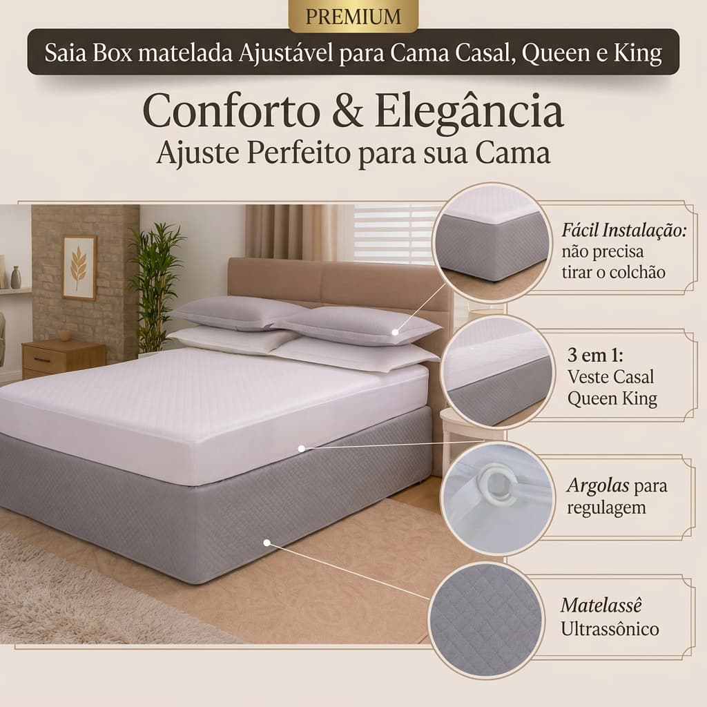 Saia Box Matelada Ajustável Premium 3 em 1 Casal Queen King Ultrassônica