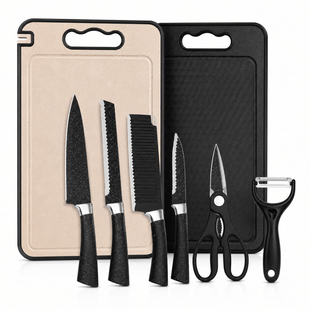 Kit Facas Inox 6 Peças Tábua De Corte Dupla Face Com Amolador Tesoura Descascador Premium