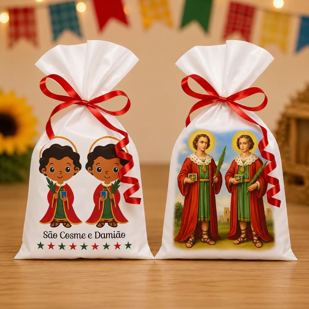 25 Saco plástico 15x25cm Doce Lembrancinha Cosme e Damião Decorado Estampado
