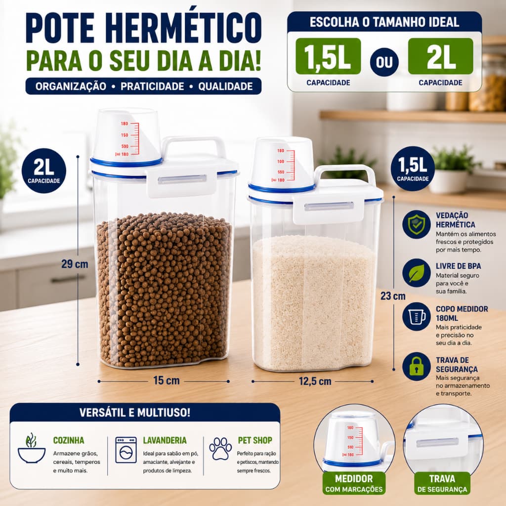 - Pote Hermético 1,5L e 2L com Copo Medidor Porta Mantimentos Cozinha Lavanderia e Pet Multiuso