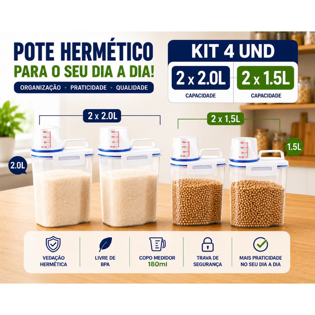 - Kit 4 Potes Herméticos Porta Mantimentos Organizadores 2 Unidades 2L + 2 Unidades x1,5L Copo Dosador