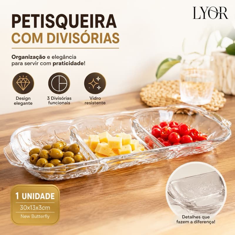 Petisqueira 3 divisórias vidro Cristal New Butterfly LYOR