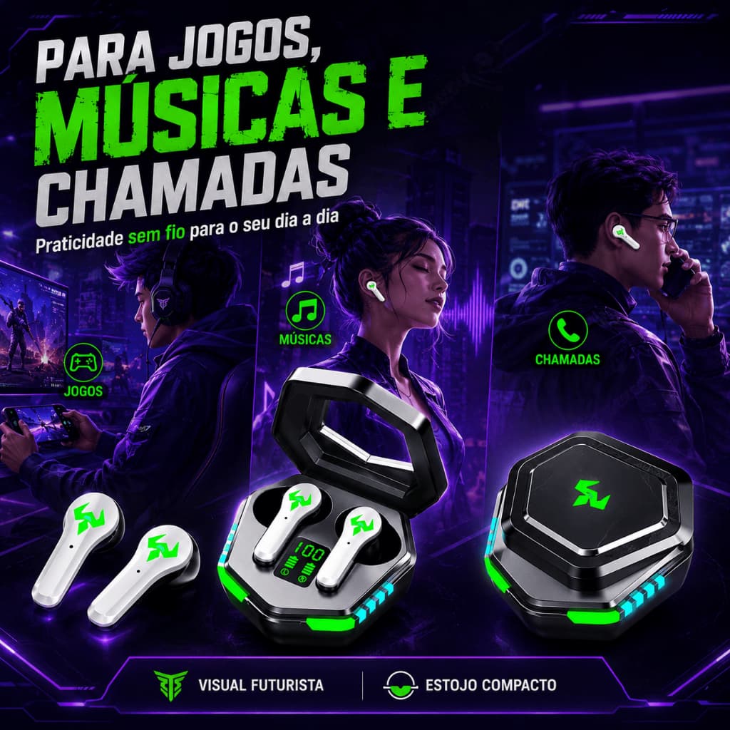 Fone gamer com conexão bluetooth - Modelo N35 TWS – Com LED, Bateria 300mAh e Resistente à Água