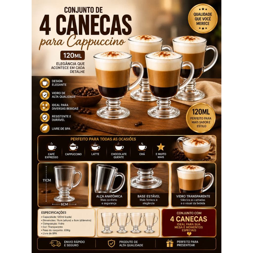 Conjunto 4 Canecas para Cappuccino em Vidro 120ml – Elegância e Sofisticação
