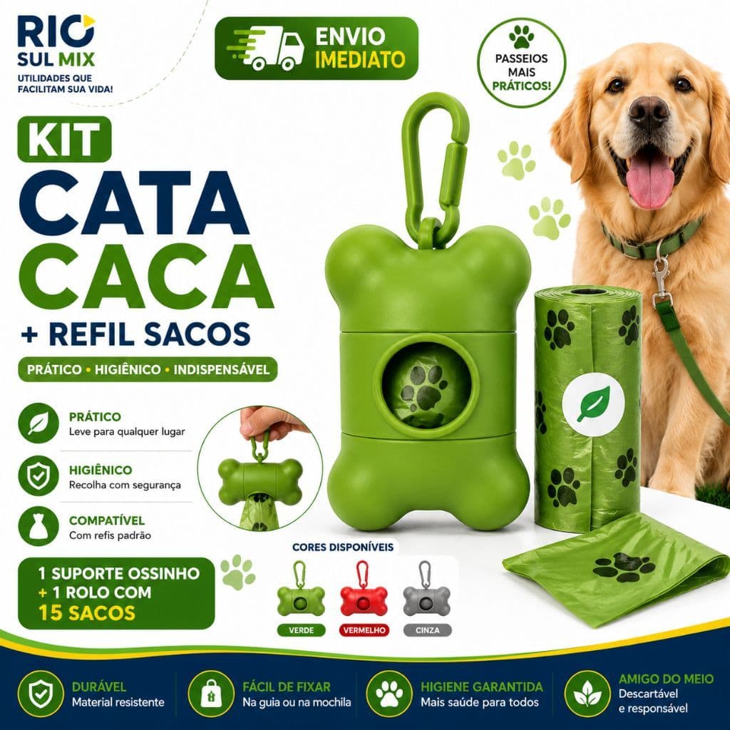 Kit Suporte Cata Caca + Refil Sacos Práticos e Higiênicos Pets Para Passeio Cachorro