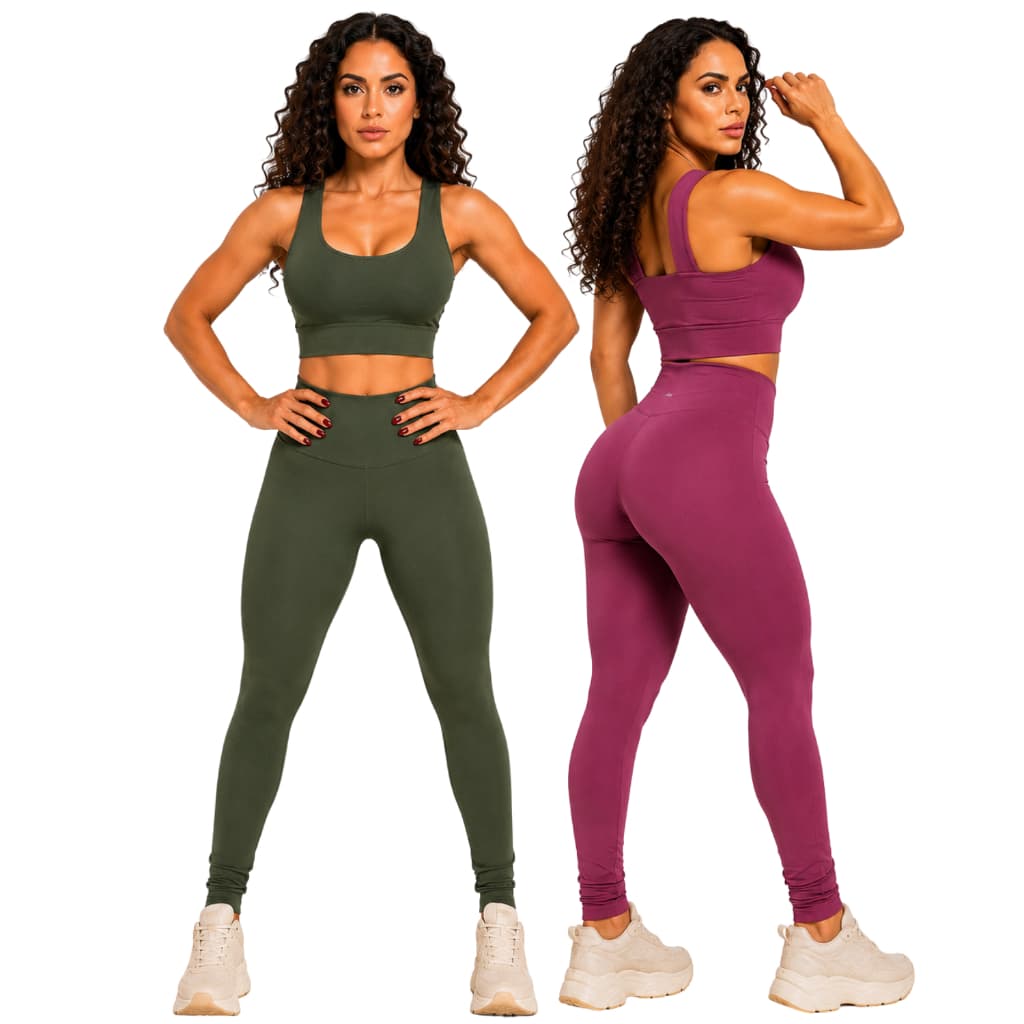 KIT 2 Conjuntos Feminino Academia Sem Transparência Calça Legging + Cropped Top Fitness