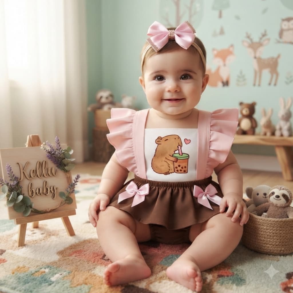 Romper Capivara jardineira bebê menina temático mêsversário fantasia personalizado
