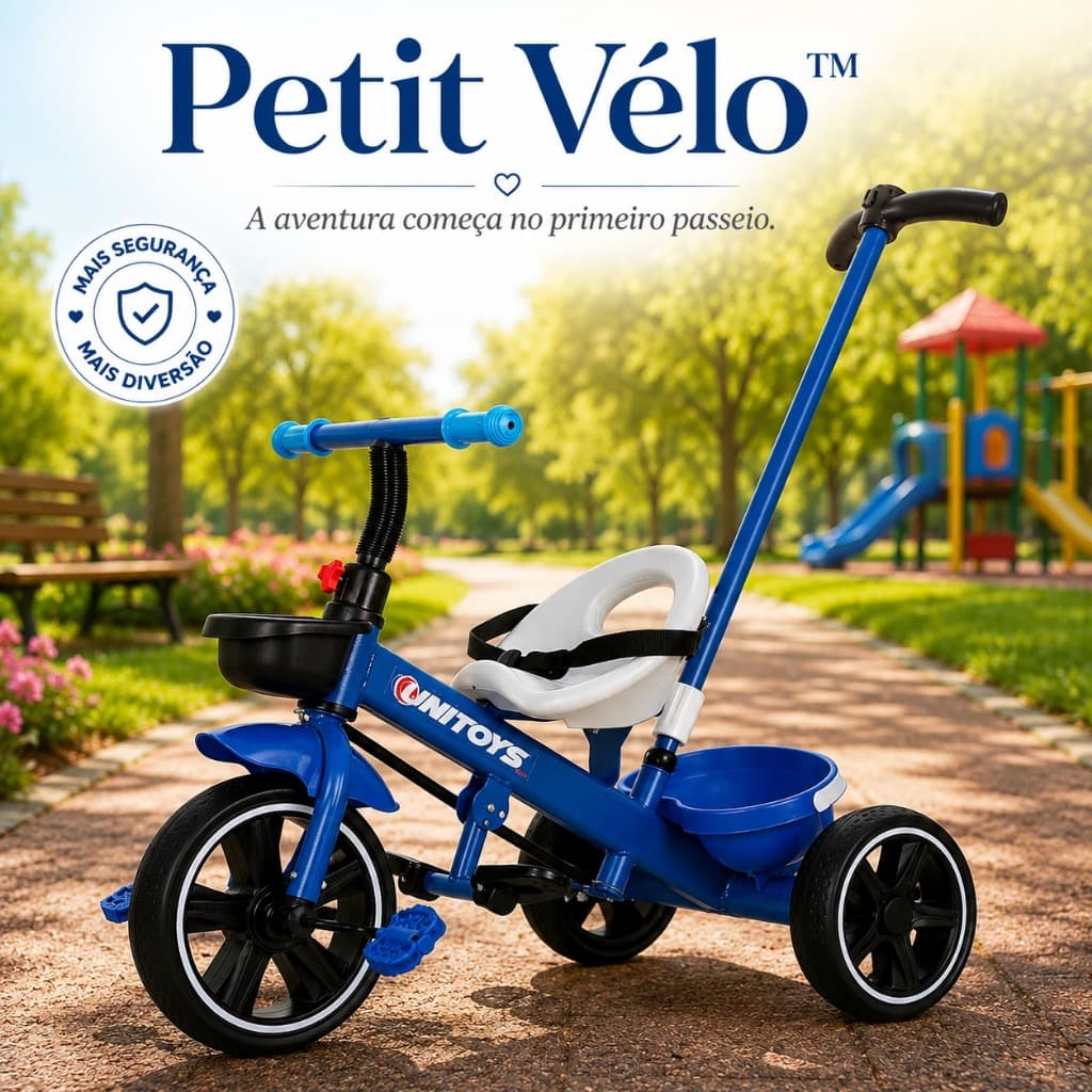 Triciclo Infantil AZUL com Empurrador Fácil Manuseio Assento Ajustável Rodas Antiderrapantes Estrutura Reforçada Até 25k
