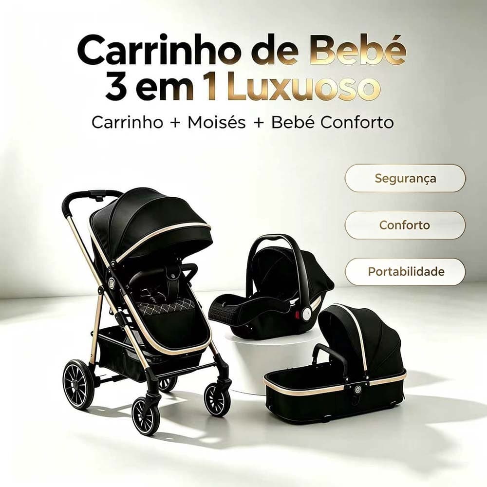 Carrinho de Bebê Luxuoso 3 em 1 com Moisés e Bebê Conforto – Seguro, Confortável e o Preferido das Mamães！