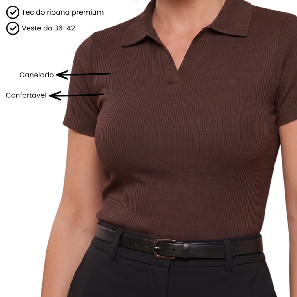 Baby Look Feminina Gola Polo Decote Polo em V Tecido Canelado– Versátil Casual para o Dia a Dia