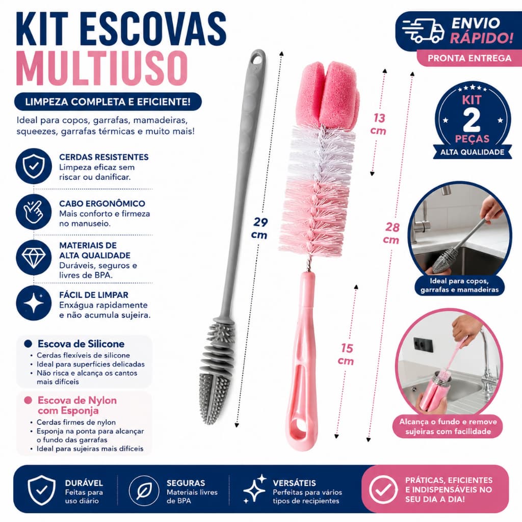 Kit 2 Escovas Silicone e Nylon Para Higienizar e Lavar Louças Garrafa Copo Mamadeira Utencilios