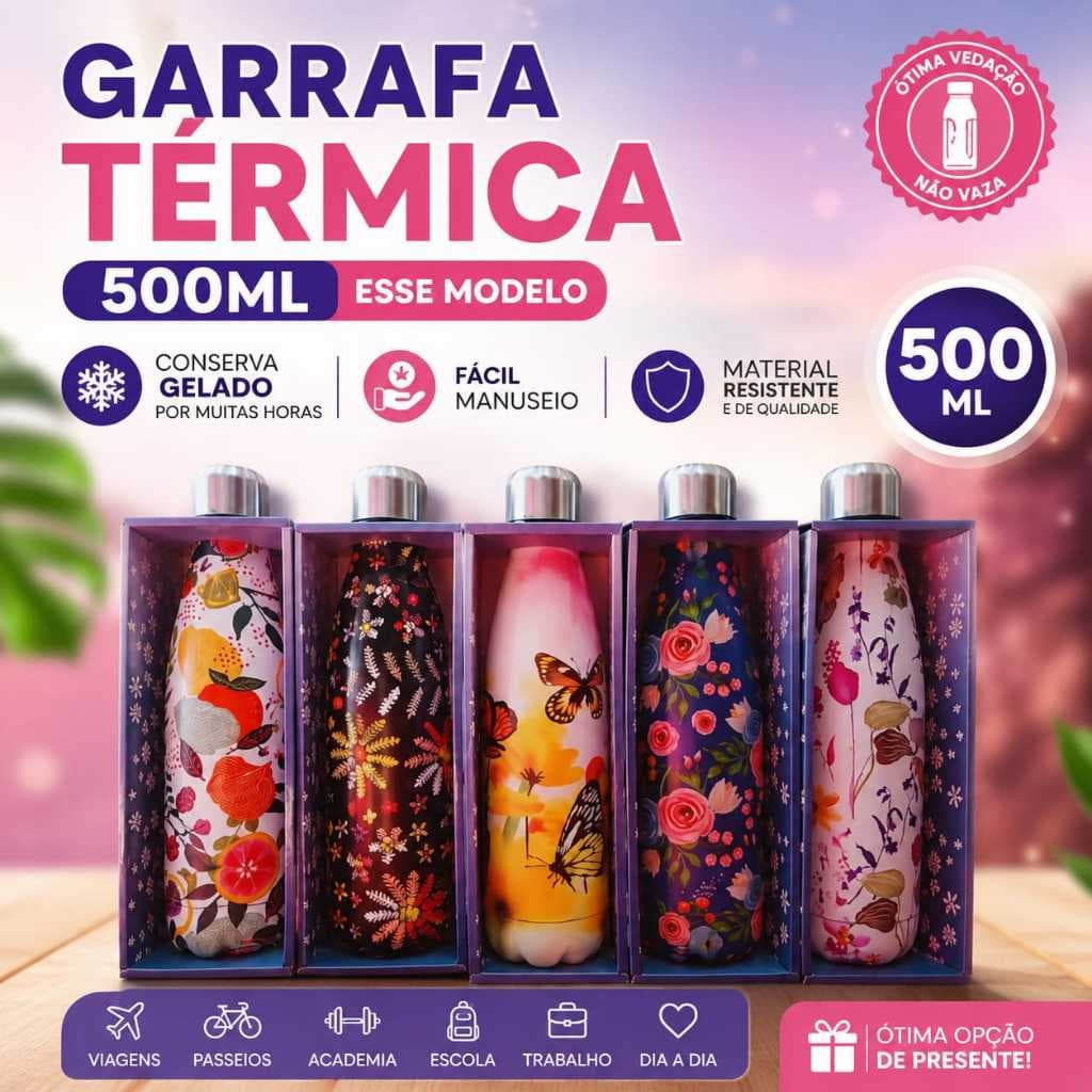 GARRAFA TÉRMICA 500ML 600ml AÇO INOXIDÁVEL ESTAMPAS COLORIDAS BORBOLETAS FLORES CONSERVA E QUEGELADO
