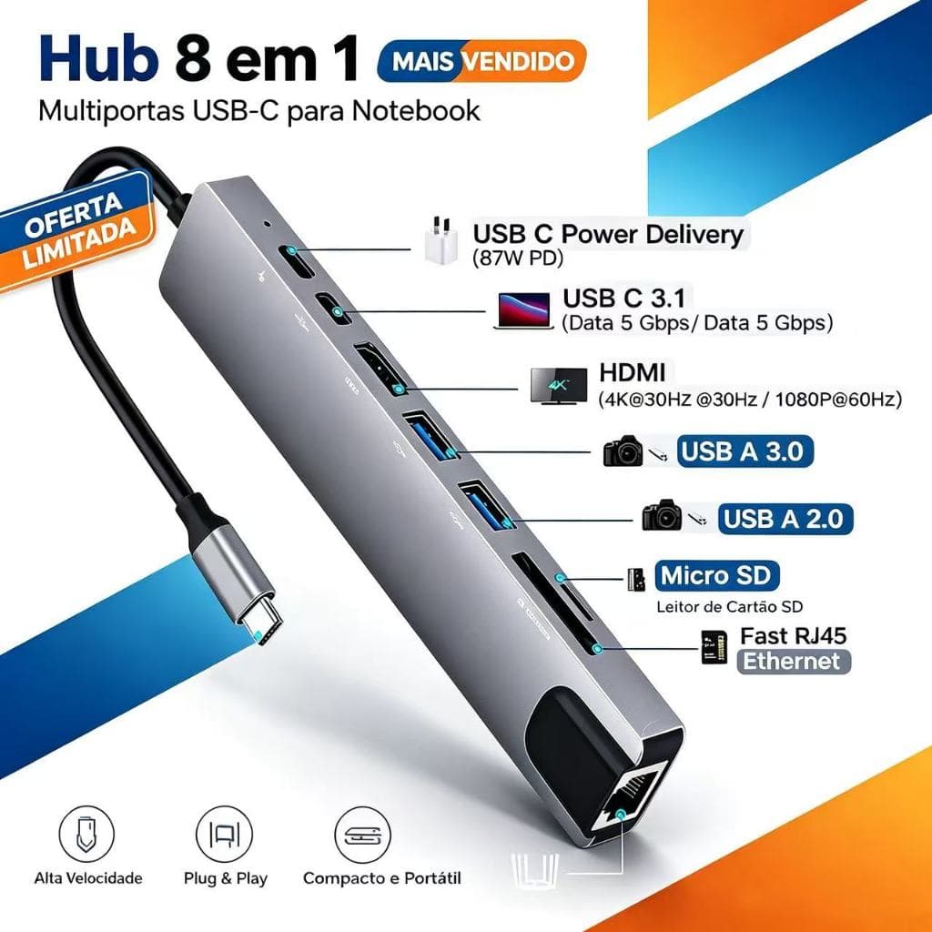 Hub USB-C 8 em 1 com HDMI 4K, RJ45, Leitor SD/TF, USB 3.0, Tipo-C PD – Adaptador para MacBook, Notebook, PC