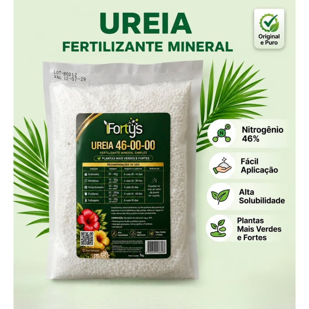 Fertilizante Ureia 46% N FORTYS – Crescimento Rápido para Grama, Milho e Jardim – 1kg