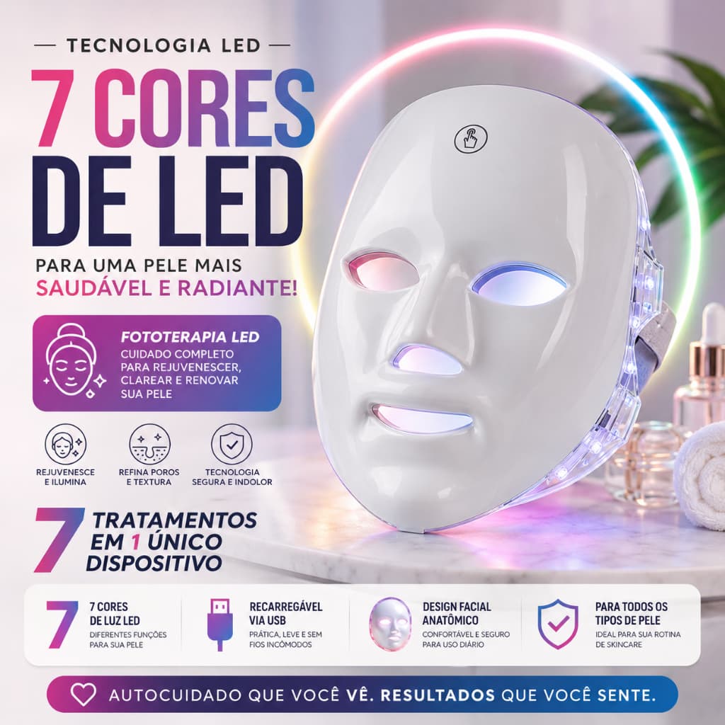 Máscara Facial LED 7 Cores Fototerapia para Cuidados com a Pele Recarregável USB