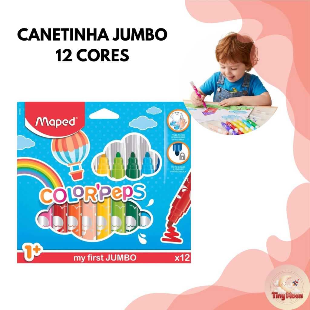 Canetinha 12 Cores Hidrográfica Atóxica Lavável Maped Ponta Jumbo Não Afunda Auxilia Cordenação Motora
