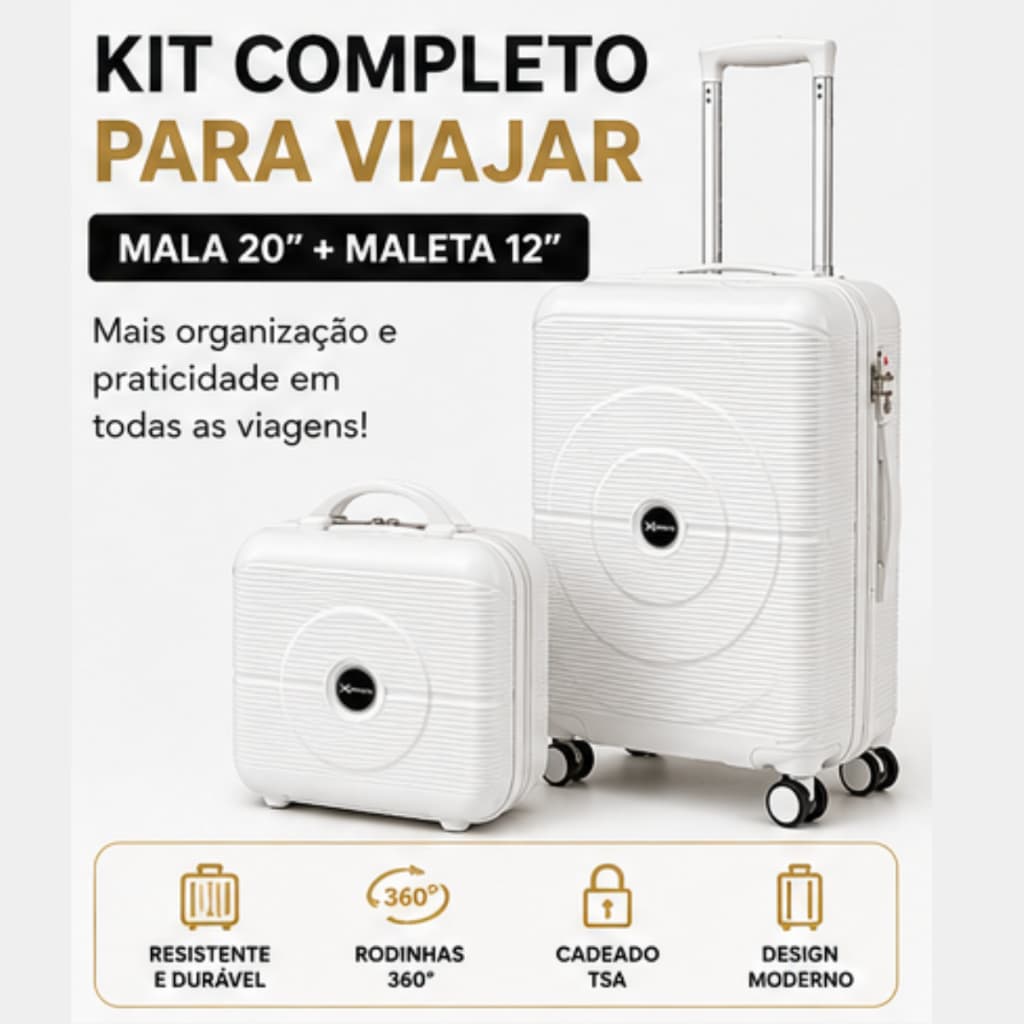 Kit 1 Mala Viagem 20" Roda Giratória + Maleta 12" - Branca Black Bull