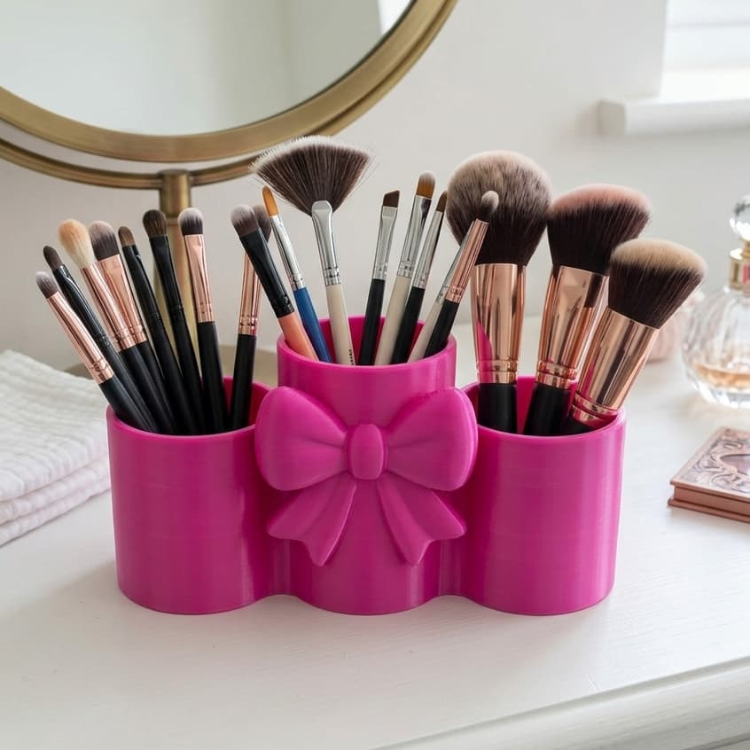 Porta Pincéis Maquiagem Organizador de Mesa Com 3 Compartimentos e Laço