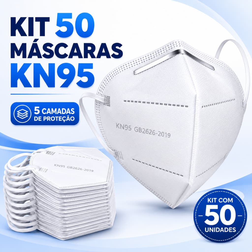 Kit 50 Máscaras KN95 Brancas 5 Camadas PFF2 Respiratória Com Clipe Nasal