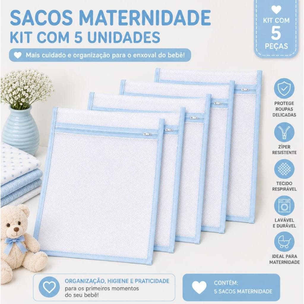 Kit 5 Sacos Organizadores Maternidade – Organização, Proteção e Praticidade para o Enxoval do Seu Bebê