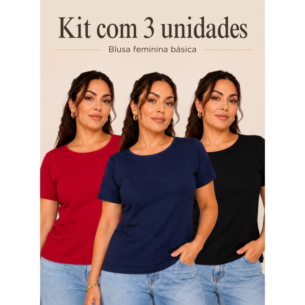 Kit 3 Blusas Feminina Camiseta Gola Redonda Viscolycra Estilosa Camisa Básica com Caimento Perfeito