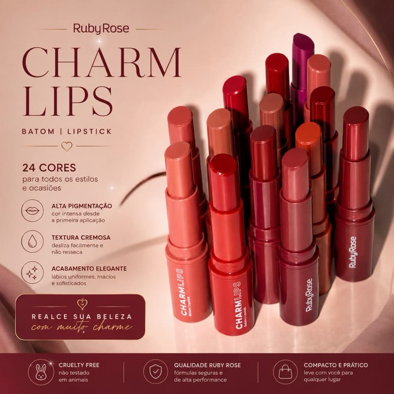 Batom Charm Lips Ruby Rose Original Cremoso Alta Pigmentação Hidratante