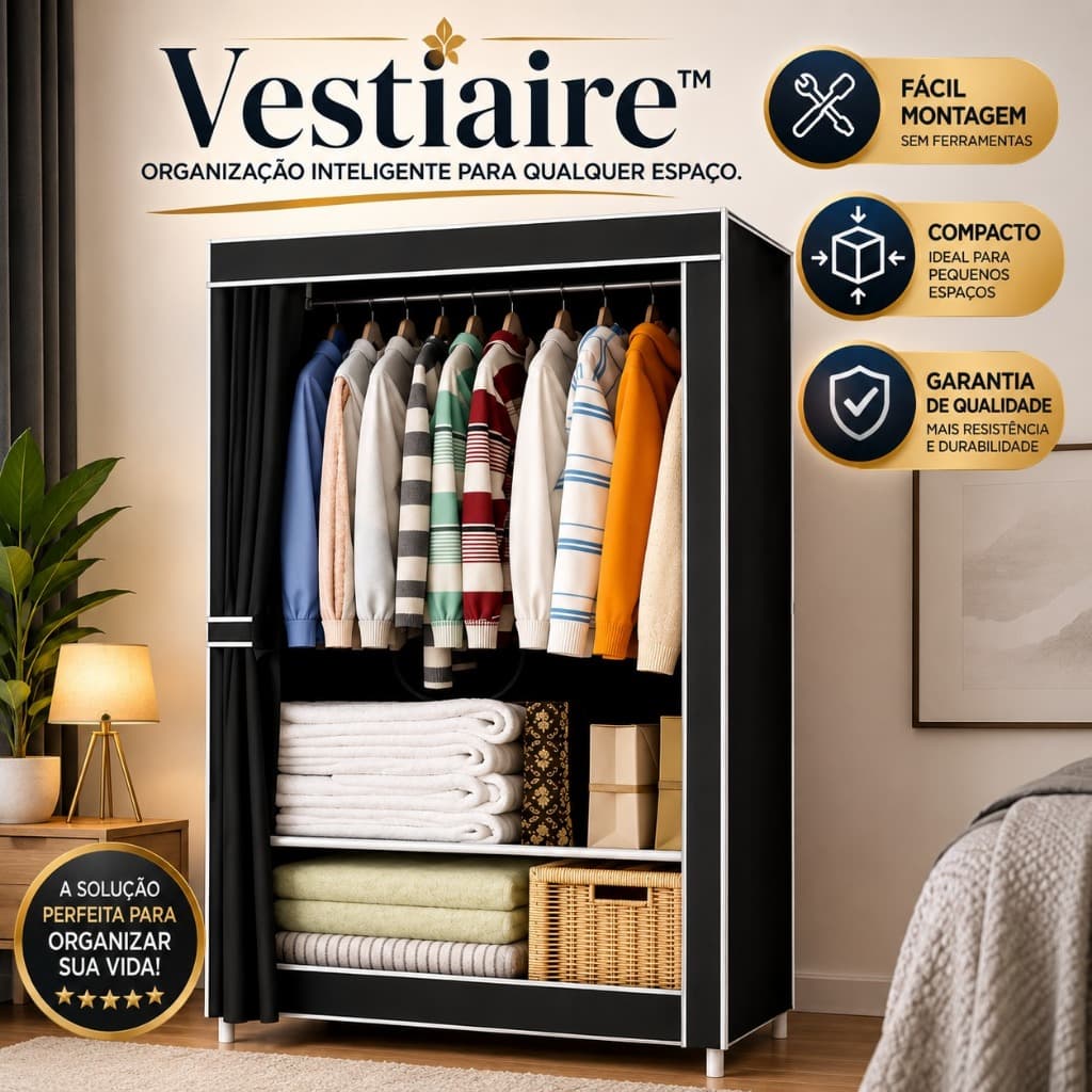 Guarda-Roupa Portátil Vestiaire™ Organizador de Roupas Dobrável em TNT Estrutura Metálica Fácil Montagem 146cm