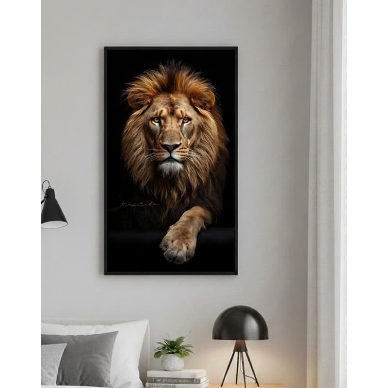 Quadro Leão Imponente Decorativo para Sala, Quarto e Escritório  Leão de Judá /Rei Leão Fundo Preto Moldura Minimalista