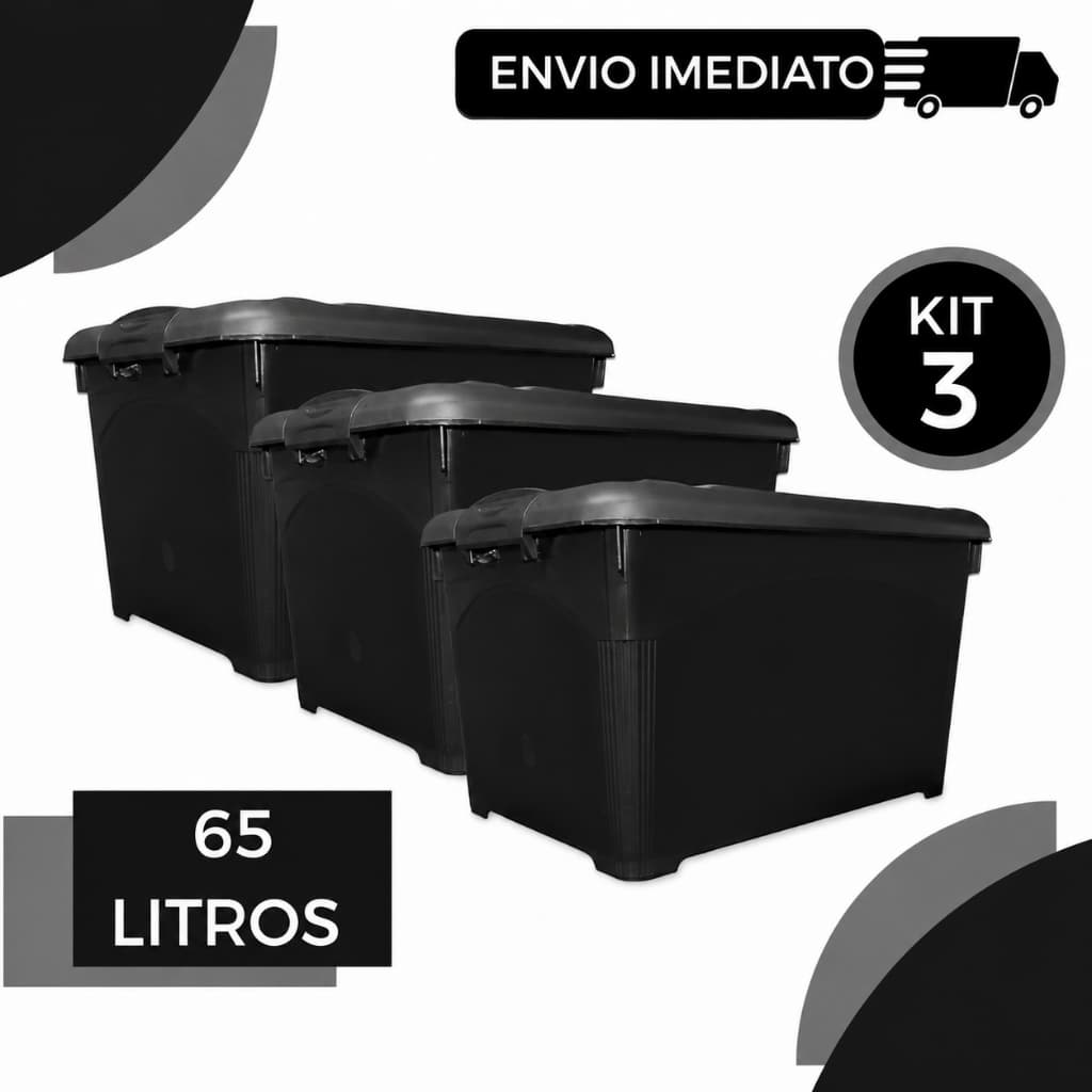 Kit com 3 Caixas Organizadoras 65 Litros Multiuso com Rodinhas e Tampa com Trava