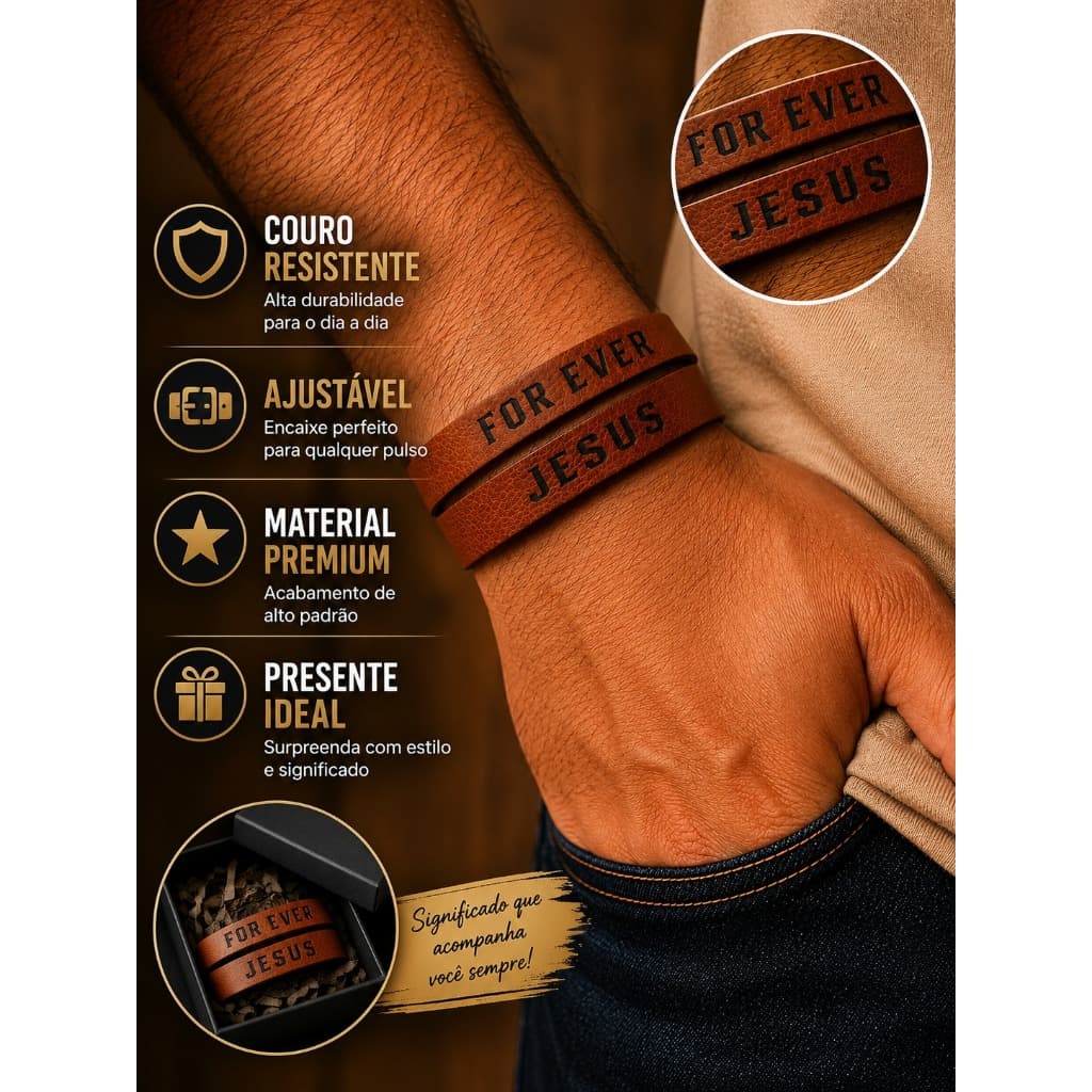 Pulseira Masculina Couro Ajustável Bracelete São Bento Jesus For Ever Presente Masculino