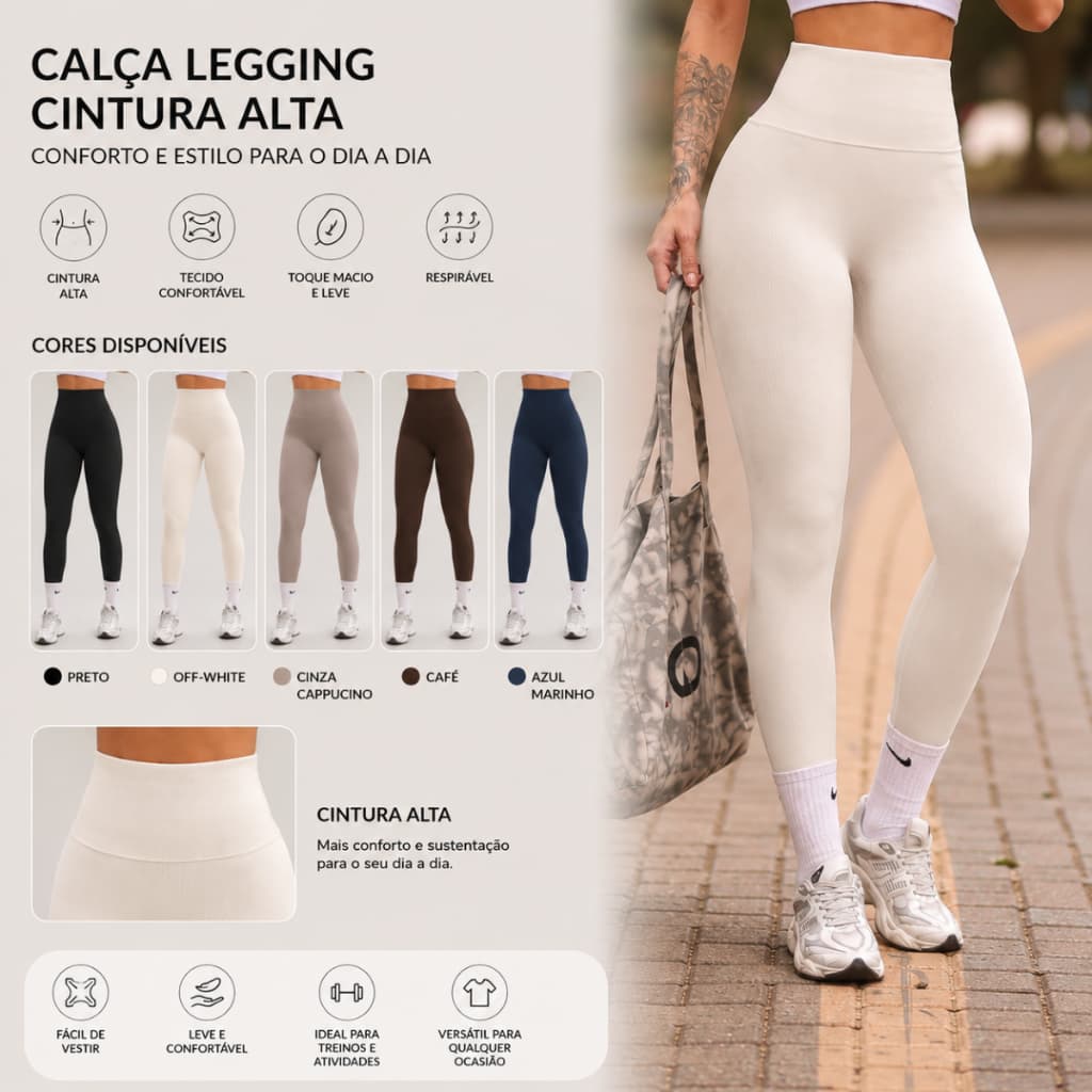 Calça Legging Canelada Cintura Alta Zero Transparência Feminina Poliamida Academia Fitness Yoga