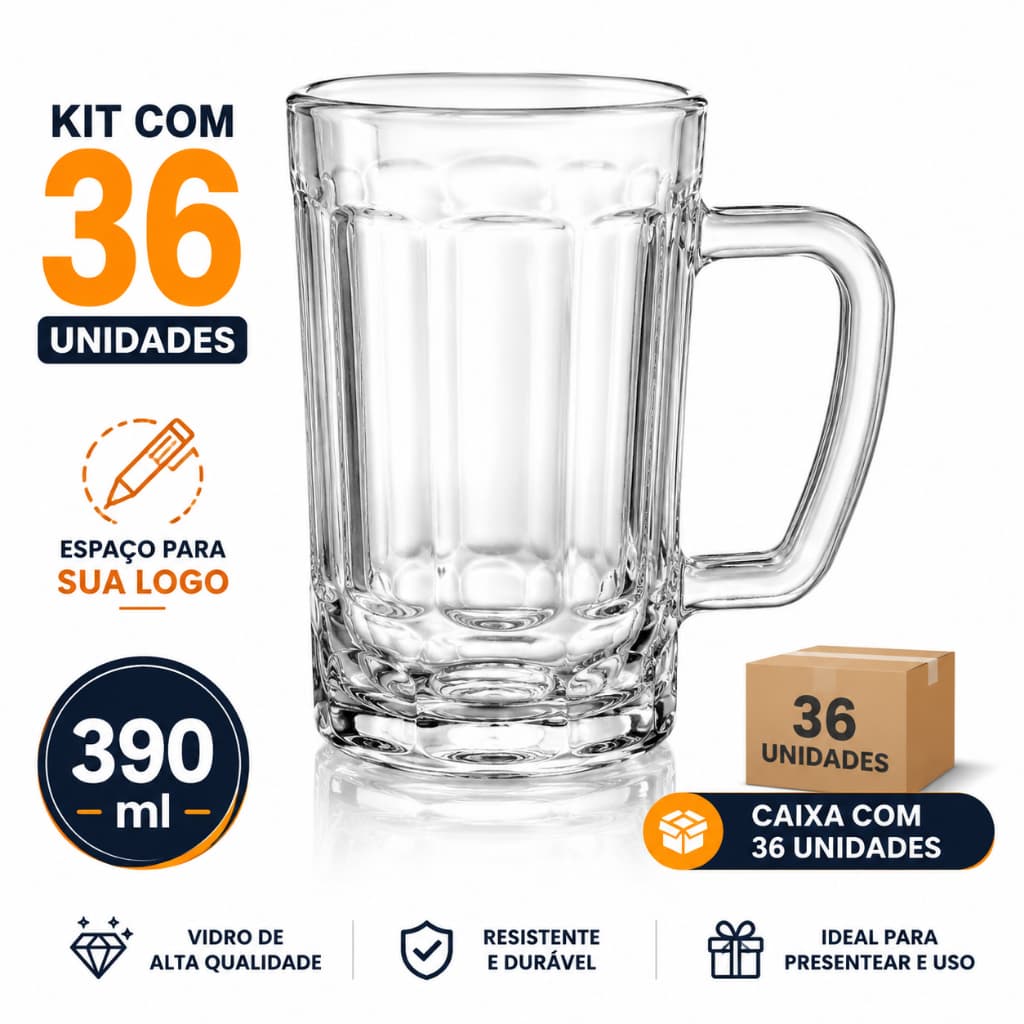Kit 36 Caneca de Chopp Cerveja 390ML Copo de Vidro Resistente Bar e Restaurante Com espaço para Logo