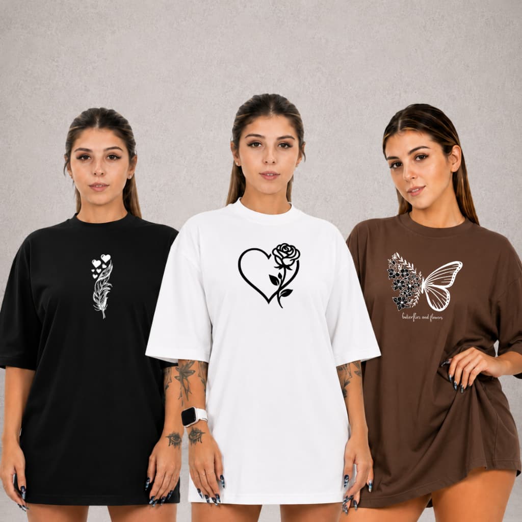 Kit 3 Camisetas Blusa Feminina Plus Estanpa ktf6 T- Shirt 100% algodão Premium Conforto Moda